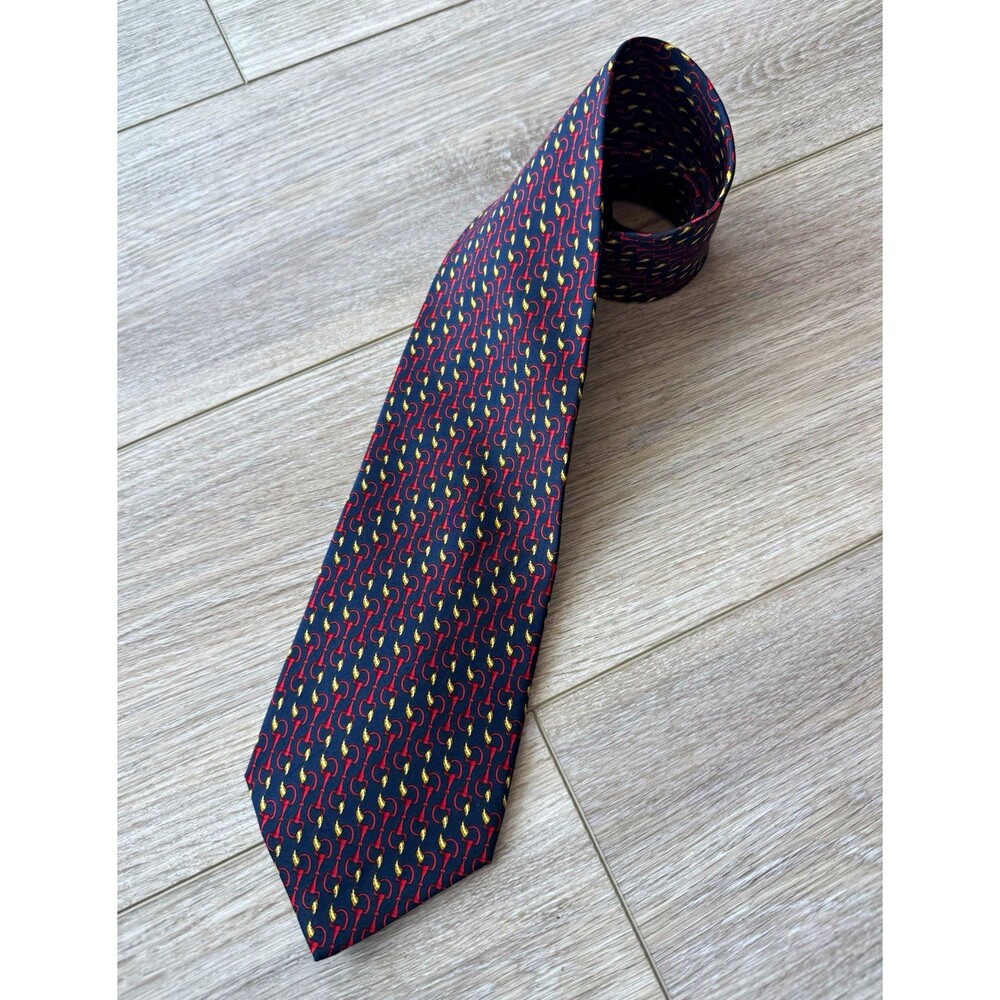 Vintage Botticelli Italian Silk Tie Navy Red Gold Equestrian Horse Bit 58”